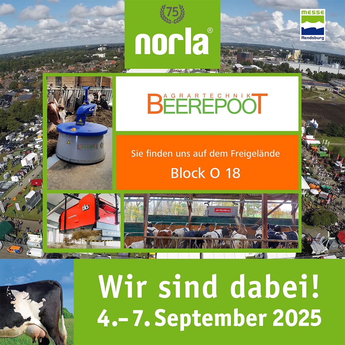 Ankündigungsgrafik Messe Norla 2025 - Beerepoot Agrartechnik auf Freigelände an Block O 18